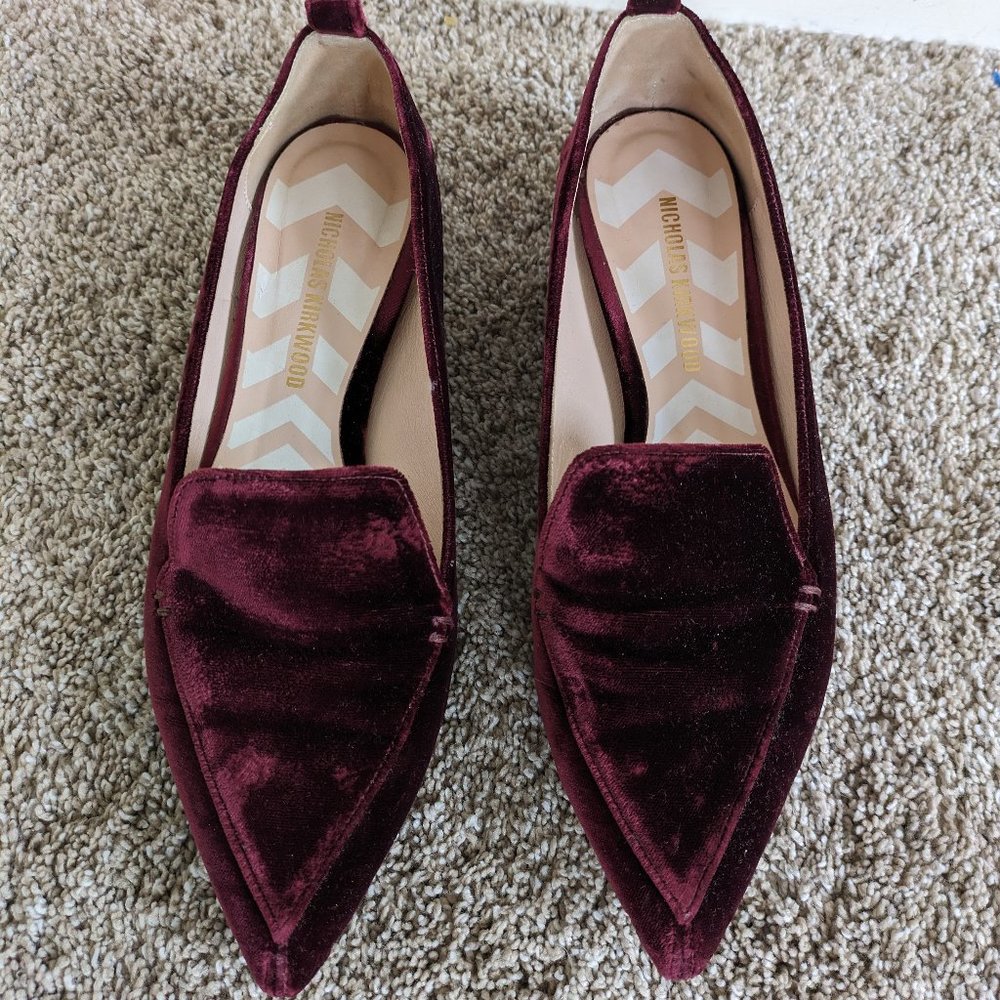 Nicholas Kirkwood Beya Velvet Pointed Flat Loafer Burgundy Oxblood 38.5